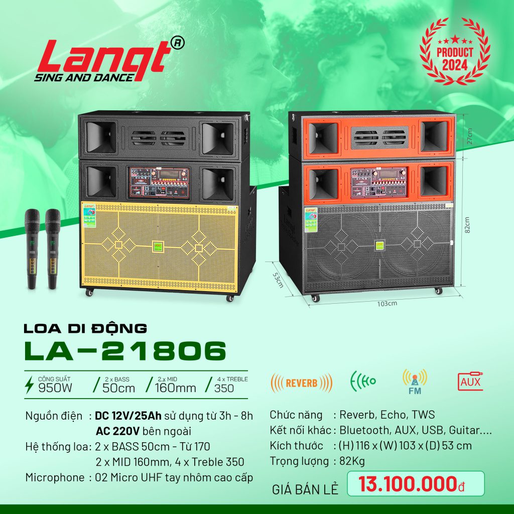Loa kéo Lanqt LA-21806 Bass đôi 50cm