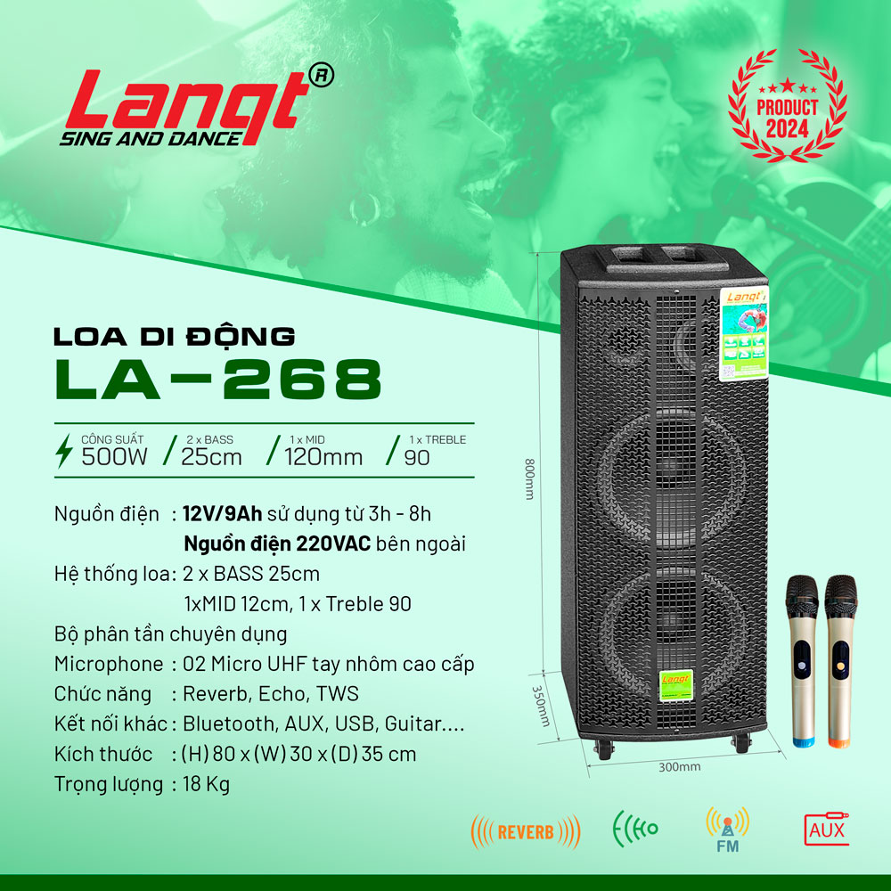 Loa kéo Lanqt LA-268 Bass đôi 25cm