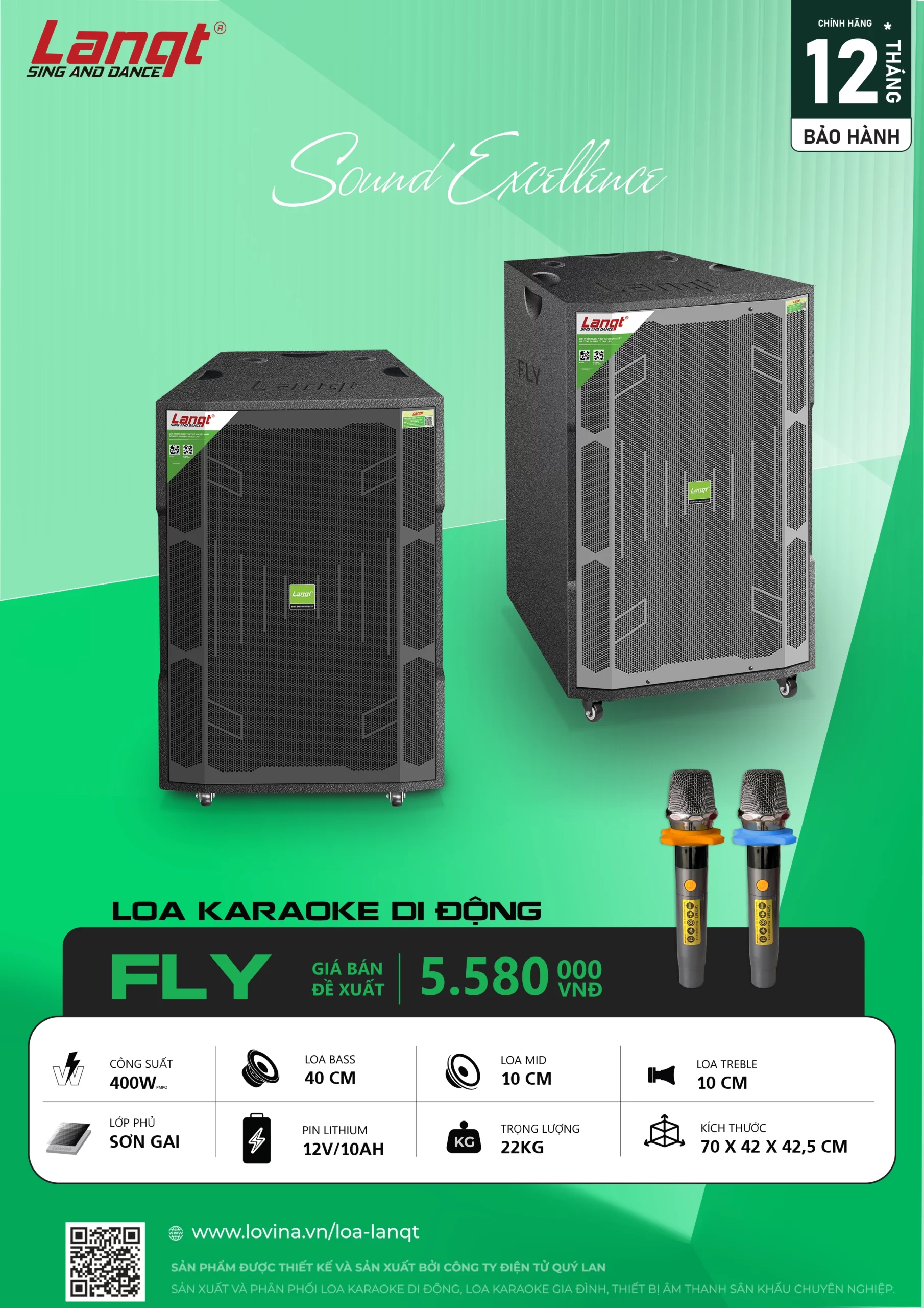 Loa Karaoke Di Động Langt FLY công suất 400W bass 40cm chính hãng