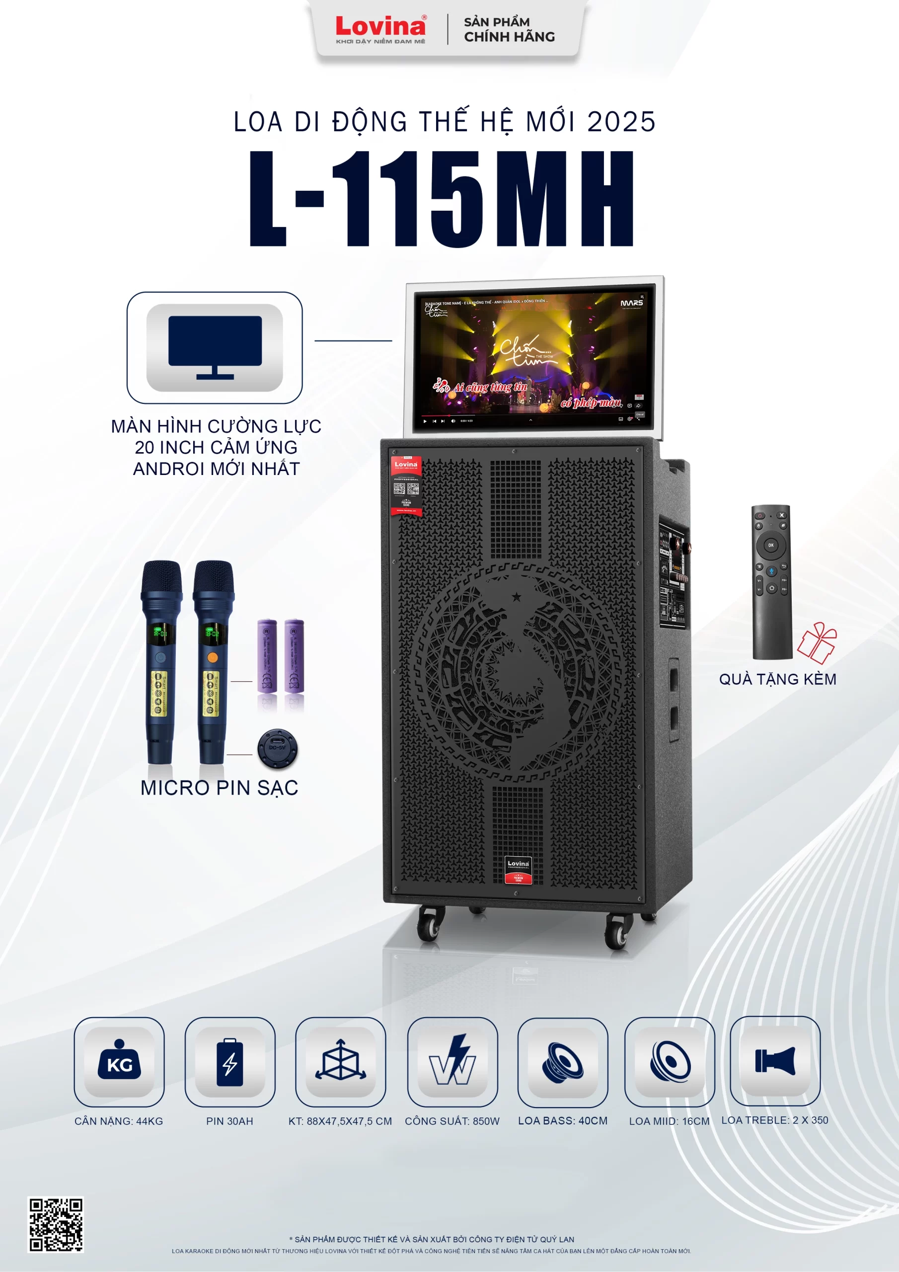 Loa karaoke di động màn hình Lovina L-115MH 6 Lovina | Loa kéo, Loa karaoke, Âm thanh chính hãng Loa karaoke di động Lovina L-115MH màn hình cảm ứng Android 20 inch công suất 850W bass 40cm.