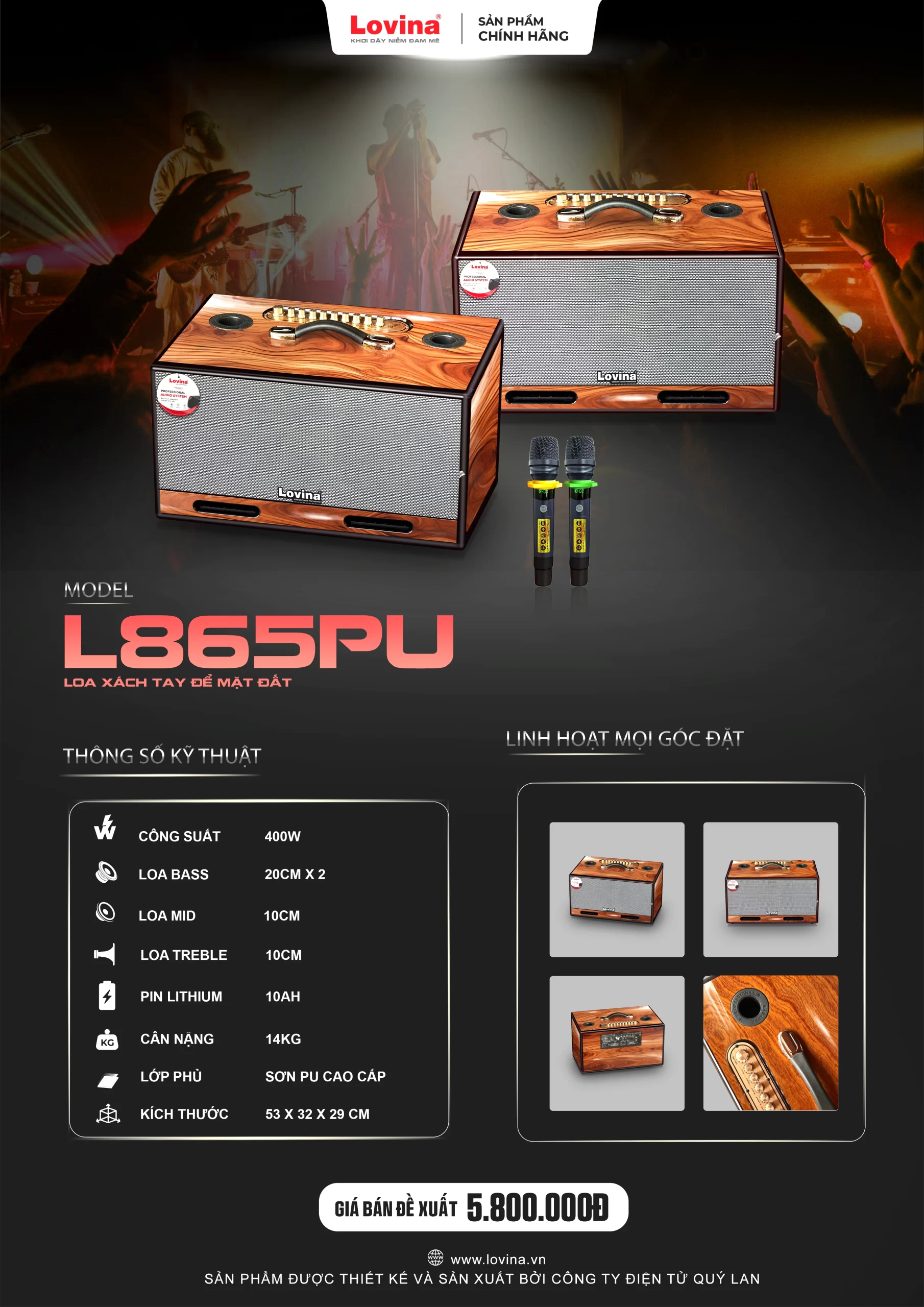Loa karaoke xách tay Lovina L865PU bass đôi 20cm công suất 400W sơn PU cao cấp kèm 2 micro không dây.